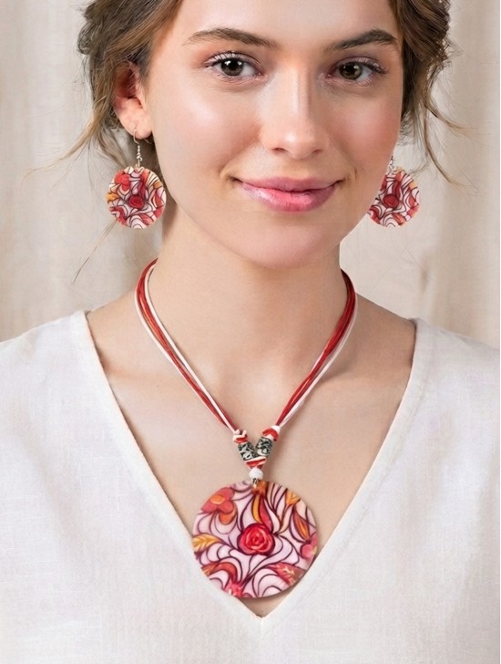 Fashion Flower Print Necklace and Earrings Set Fashion Flower Print Necklace and Earrings Set